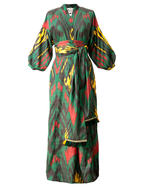 Silk Ikat Kaftan Dress with Sash