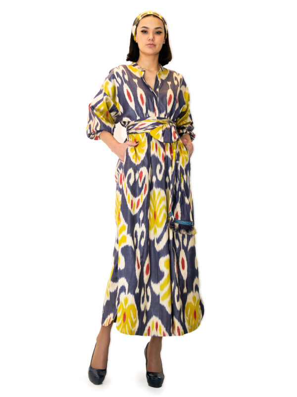 Silk Ikat Kaftan Dress with Sash
