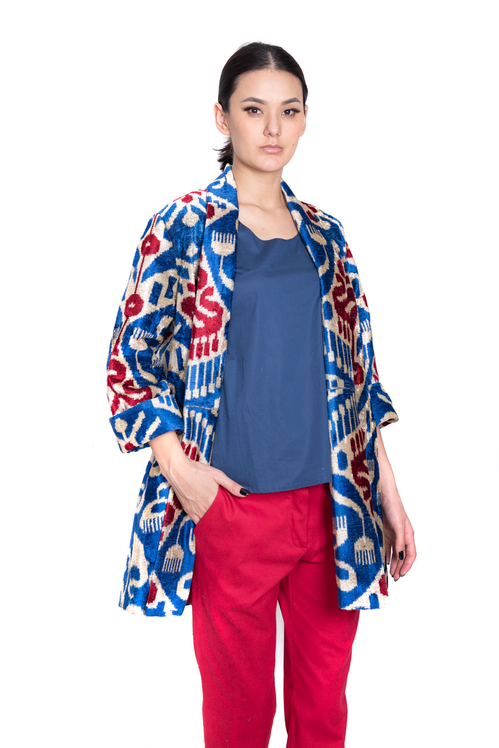 Anora Luxury Silk Ikat Velvet Shawl Collar Jacket | Blue / Red ...