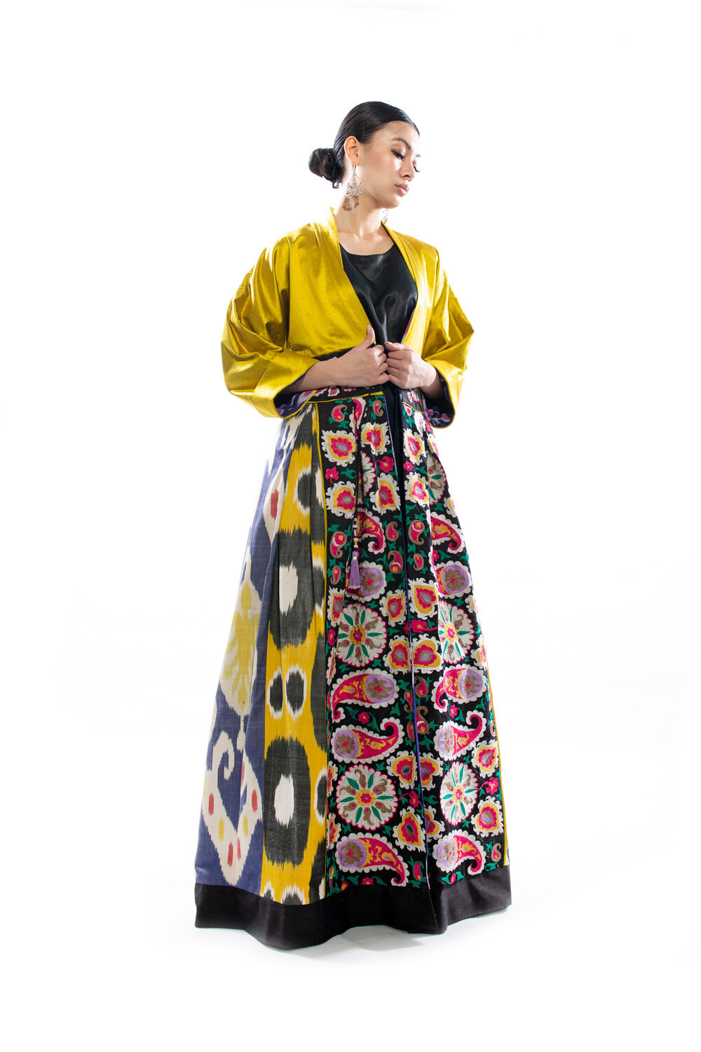 Yellow Silk Ikat Kaftan with Suzani Embroidery