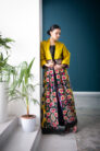 Yellow Silk Ikat Kaftan with Suzani Embroidery