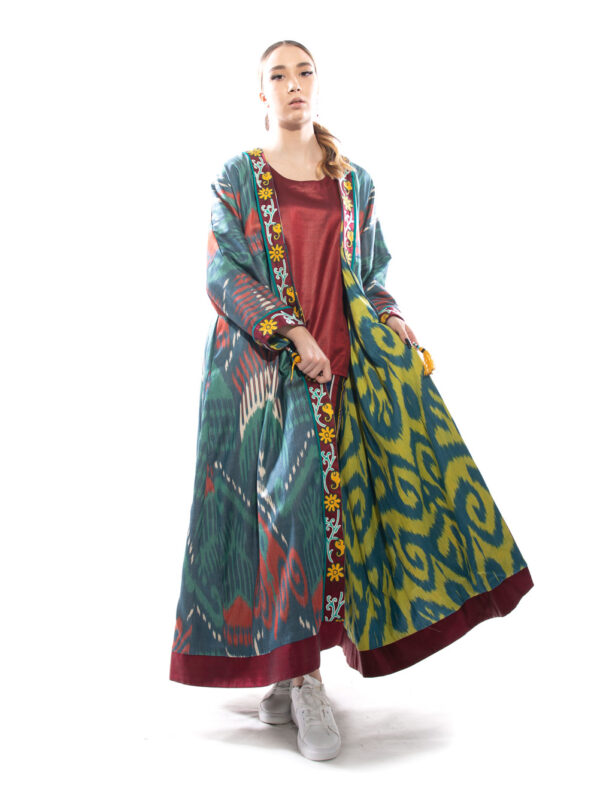 Green Multicolor Silk Ikat Suzani Robe IK621