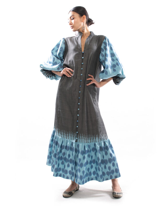 Silk Ikat Feruza Button Dress