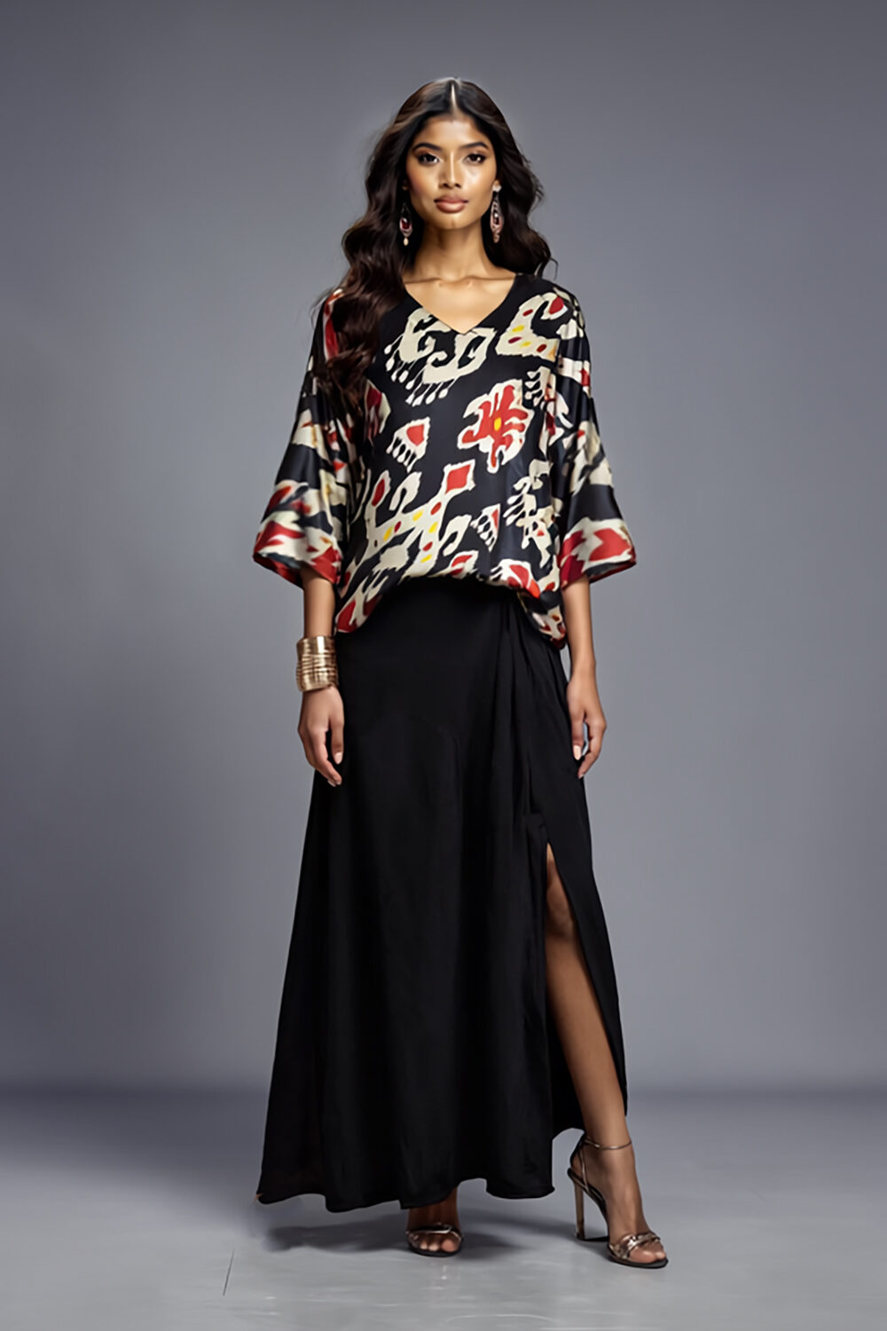 Asymmetric cut silk ikat top